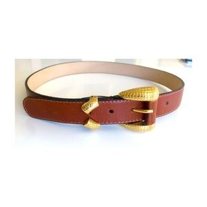 Vintage Aluzia Italian Brown Leather Belt with Brass Embellished Buckle - Size L